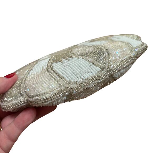 Vintage 1980’s beaded evening bag wedding bridal purse white satin silver gold - Picture 4 of 9